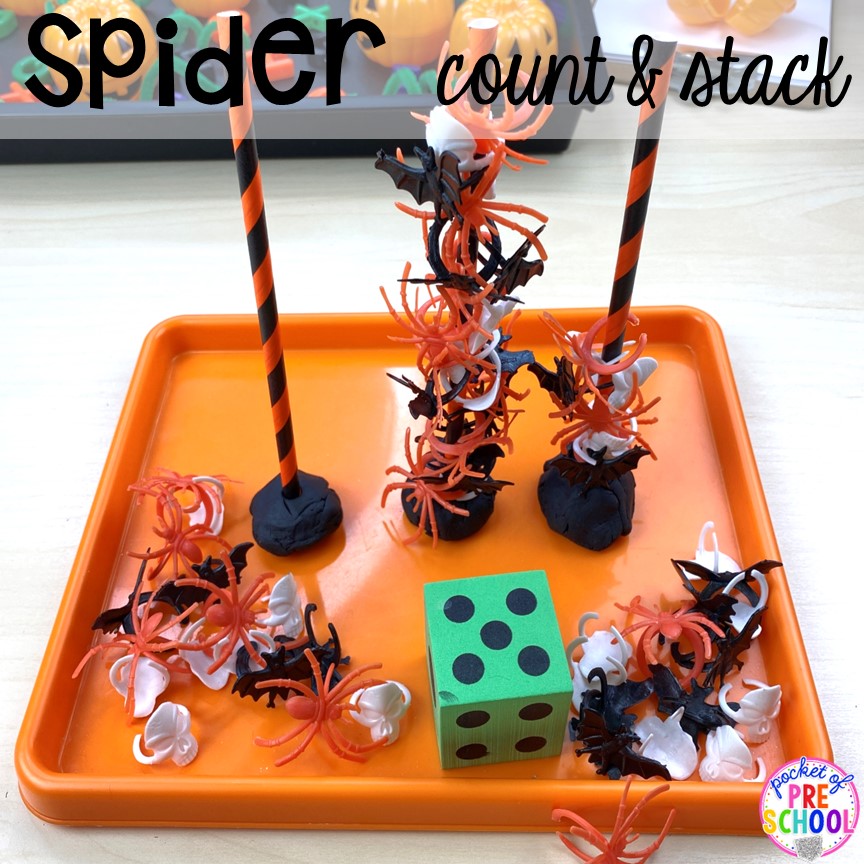 Spider count and stack game! 15 Classroom Halloween Party Ideas for preschool to 2nd grade! Halloween party games, snacks, and helpful tips.