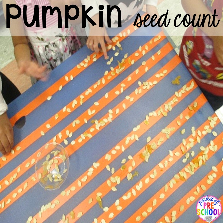Pumpkin seed count is the perfect math activity for preschool, pre-k, or kindergarten students during fall, Thanksgiving, and Halloween.