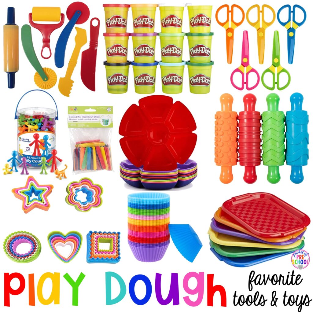 Favorite Play Dough activities, tools, and toys for preschool, pre-k, and kindergarten age students in the classroom or at home.