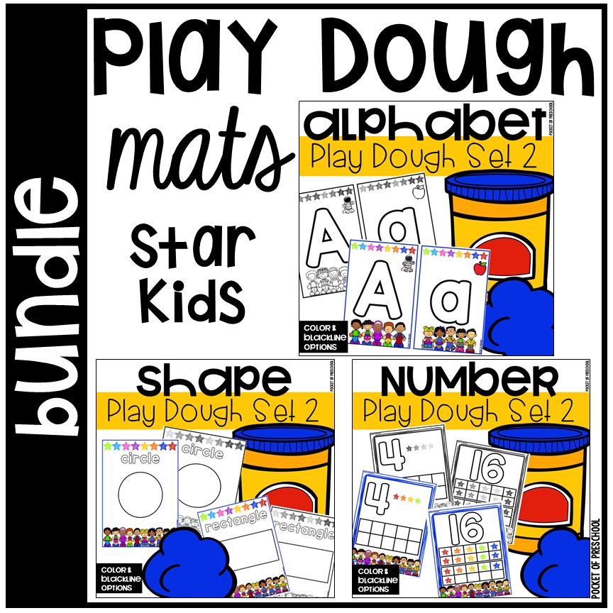Play Dough Mats for preschool, pre-k, and kindergarten students to practice letters, numbers, and shapes.