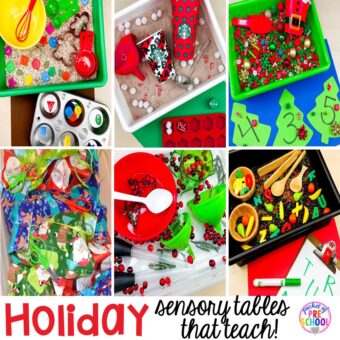 Holiday sensory bins that teach preschool, pre-k, and kindergarten students letters, numbers, shapes, and more!