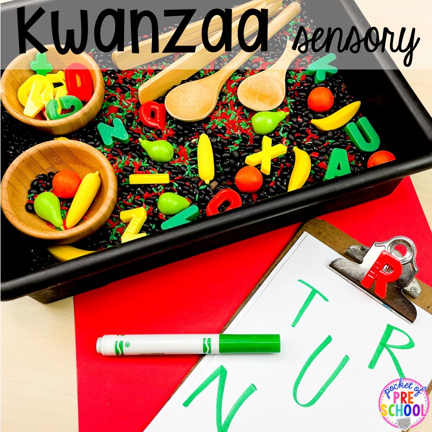Kwanzaa Sensory Bin! Holiday sensory bins that teach preschool, pre-k, and kindergarten students letters, numbers, shapes, and more!