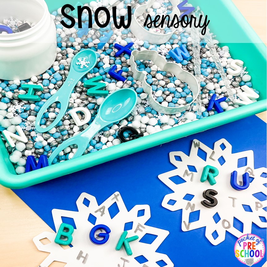 Snow Sensory Bin! Holiday sensory bins that teach preschool, pre-k, and kindergarten students letters, numbers, shapes, and more!