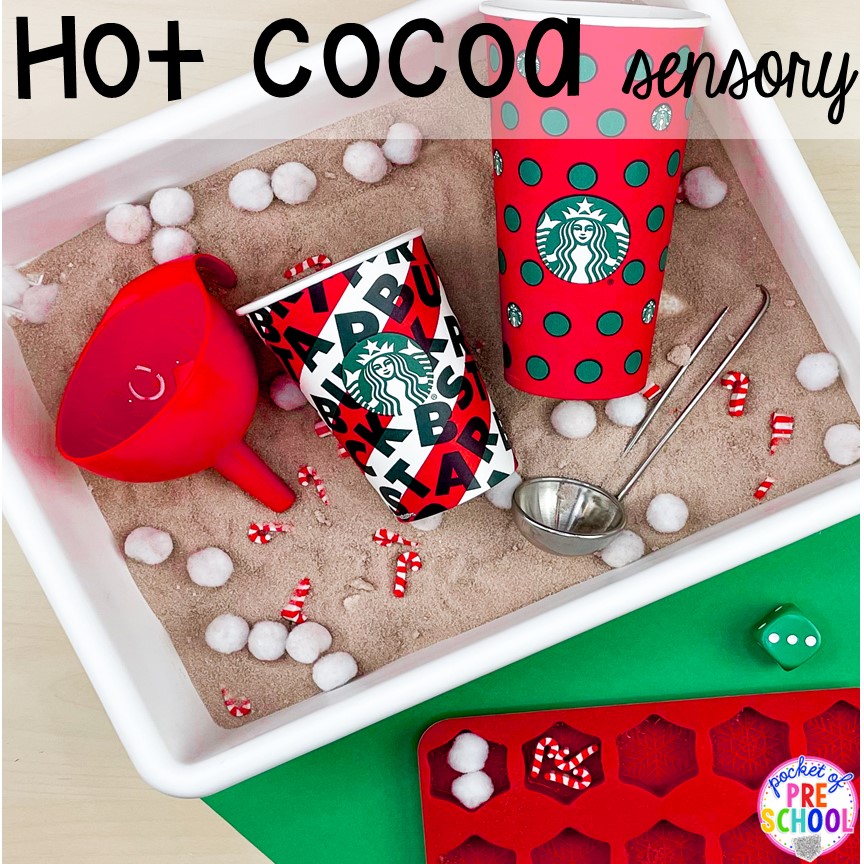 Hot Cocoa Sensory Bin! Holiday sensory bins that teach preschool, pre-k, and kindergarten students letters, numbers, shapes, and more!