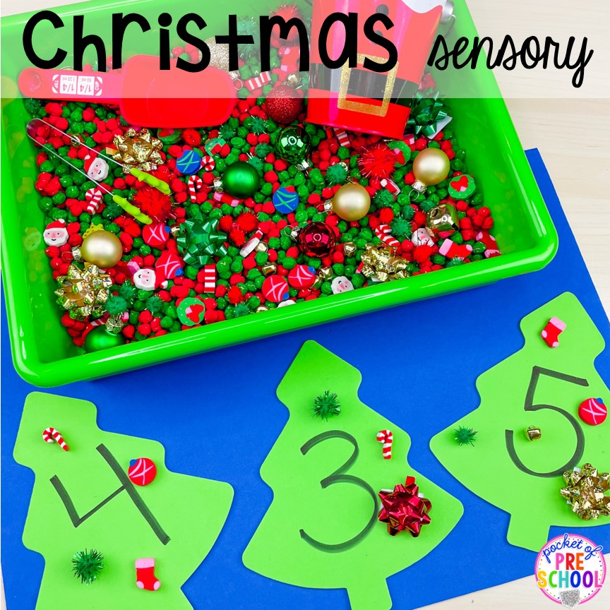 Christmas Sensory Bin! Holiday sensory bins that teach preschool, pre-k, and kindergarten students letters, numbers, shapes, and more!