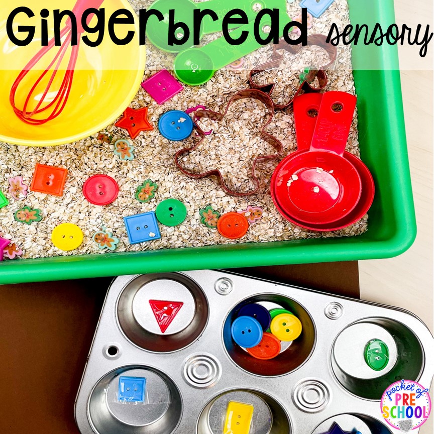 Gingerbread Sensory Bin! Holiday sensory bins that teach preschool, pre-k, and kindergarten students letters, numbers, shapes, and more!
