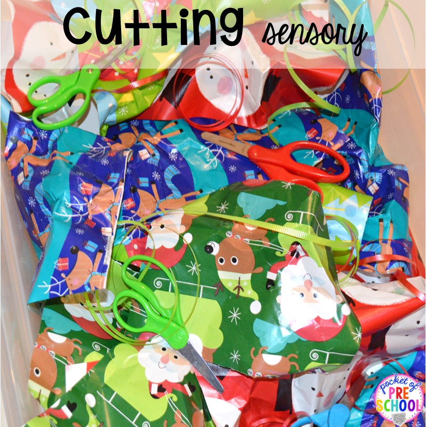 Cutting Sensory Bin! Holiday sensory bins that teach preschool, pre-k, and kindergarten students letters, numbers, shapes, and more!