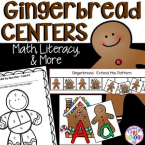 Math and literacy centers with a gingerbread twist for preschool, pre-k, and kindergarten students