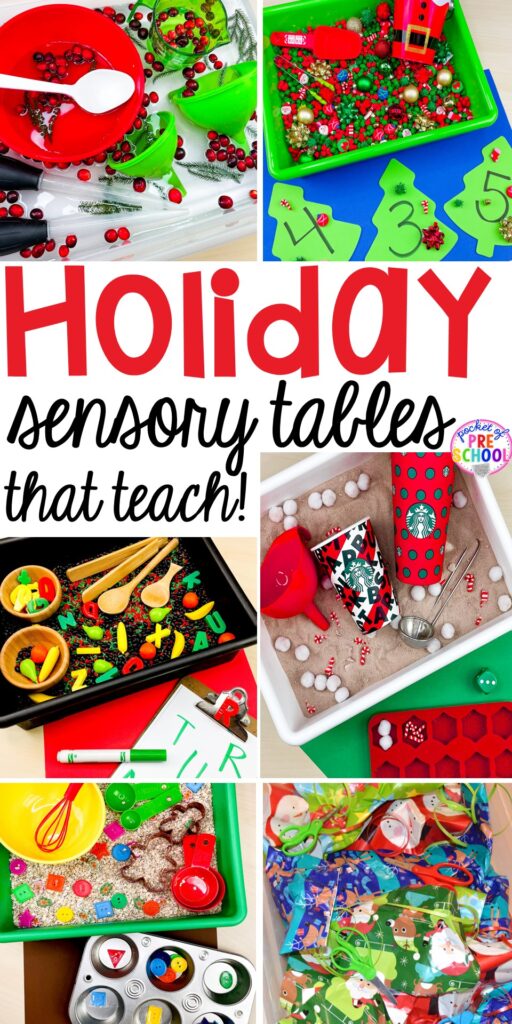 Holiday sensory bins that teach preschool, pre-k, and kindergarten students letters, numbers, shapes, and more!