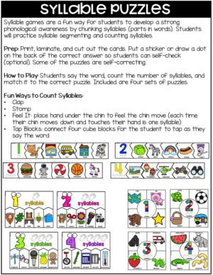 Syllables Puzzles Activity for Preschool, Pre-K, and Kindergarten ...