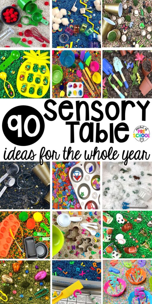 90 Sensory Table Ideas for the Year 99 Sensory table ideas for the whole year! There are ideas for so many popular early childhood themes, food & nonfood filler ideas, and lots of props and treasures to use with preschool, pre-k, and kindergarten students!
