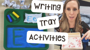 Writing tray activities for sensory benefits and fine motor development for preschool, pre-k, and kindergarten students.