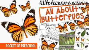 Little Learners Science all about butterflies, a printable science unit designed for preschool, pre-k, and kindergarten students.