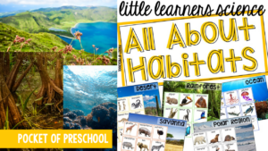 Little Learners Science all about habitats, a printable science unit designed for preschool, pre-k, and kindergarten students.