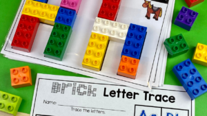 Duplo letter mats for a fun activity to practice letter identification for preschool, pre-k, and kindergarten students.