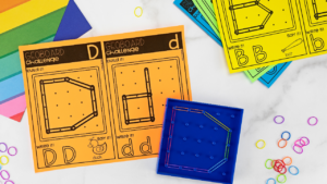 Geoboard letter mats for a fun activity to practice letter identification for preschool, pre-k, and kindergarten students.