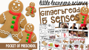 Little Learners Science all about gingerbread bread 5 senses, a printable science unit designed for preschool, pre-k, and kindergarten students.
