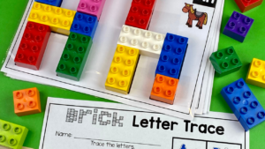 Duplo brick letter mats for a fun activity to practice letter identification for preschool, pre-k, and kindergarten students.