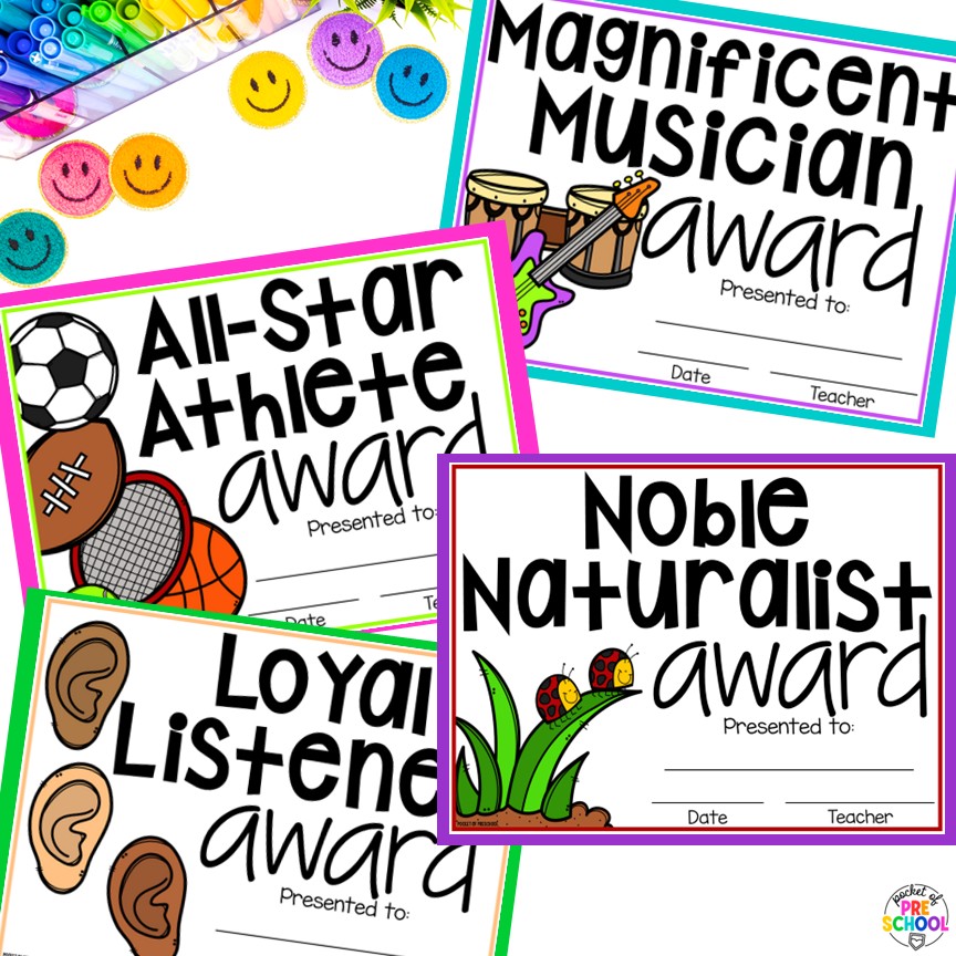 End of the Year Awards EDITABLE for Preschool, TK, Pre-K, Kindergarten, and 1st 6 End-of-the-year awards are the perfect way to celebrate the end of the year with your students, and these end-of-the-year awards are made for little learners: preschool, pre-k, TK, kindergarten, and first grade. All awards are fun and focus on something positive about the student.