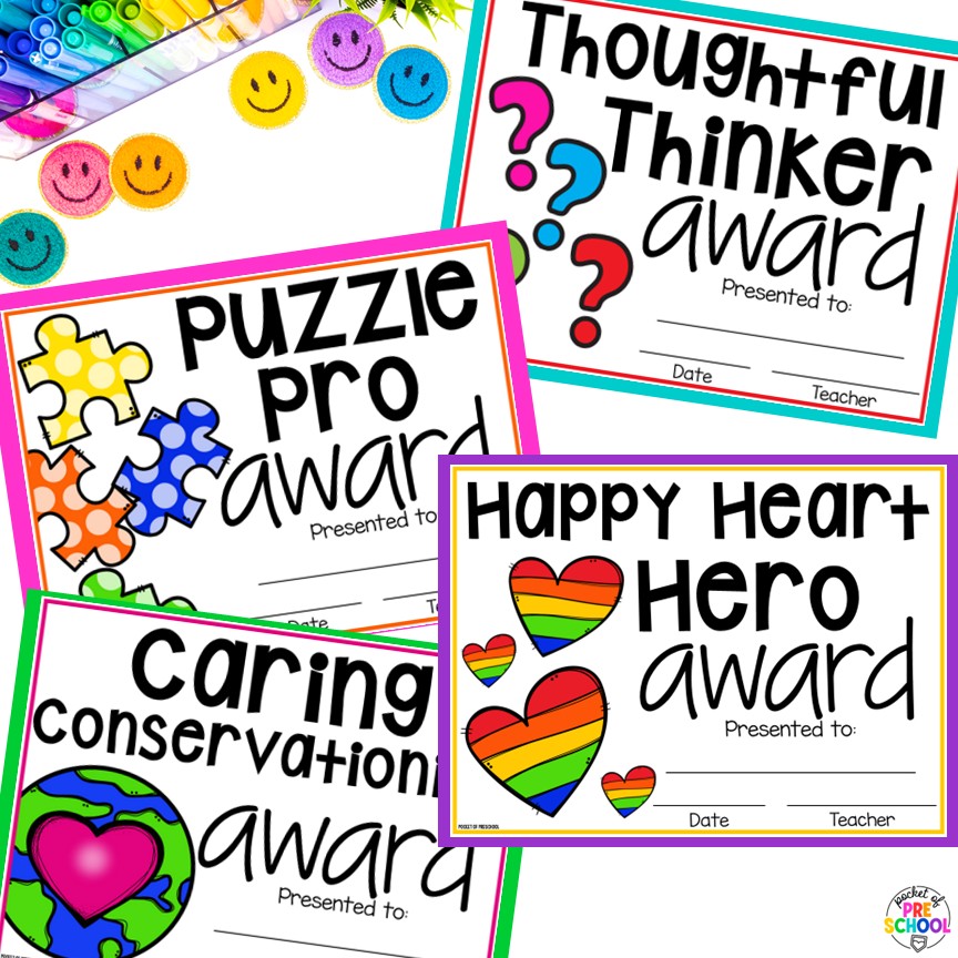 End of the Year Awards EDITABLE for Preschool, TK, Pre-K, Kindergarten, and 1st 4 End-of-the-year awards are the perfect way to celebrate the end of the year with your students, and these end-of-the-year awards are made for little learners: preschool, pre-k, TK, kindergarten, and first grade. All awards are fun and focus on something positive about the student.