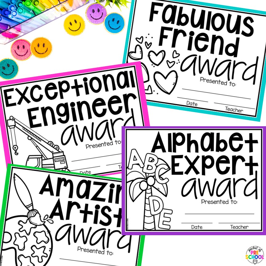 End of the Year Awards EDITABLE for Preschool, TK, Pre-K, Kindergarten, and 1st 20 End-of-the-year awards are the perfect way to celebrate the end of the year with your students, and these end-of-the-year awards are made for little learners: preschool, pre-k, TK, kindergarten, and first grade. All awards are fun and focus on something positive about the student.