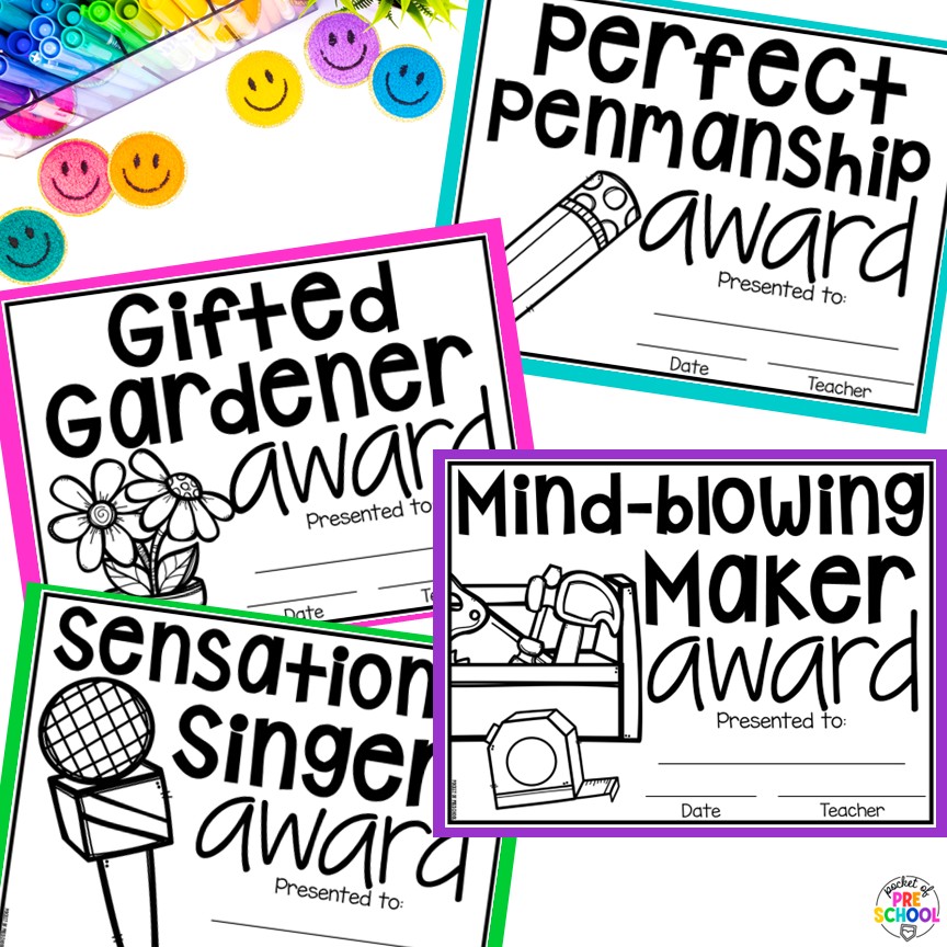 End of the Year Awards EDITABLE for Preschool, TK, Pre-K, Kindergarten, and 1st 17 End-of-the-year awards are the perfect way to celebrate the end of the year with your students, and these end-of-the-year awards are made for little learners: preschool, pre-k, TK, kindergarten, and first grade. All awards are fun and focus on something positive about the student.