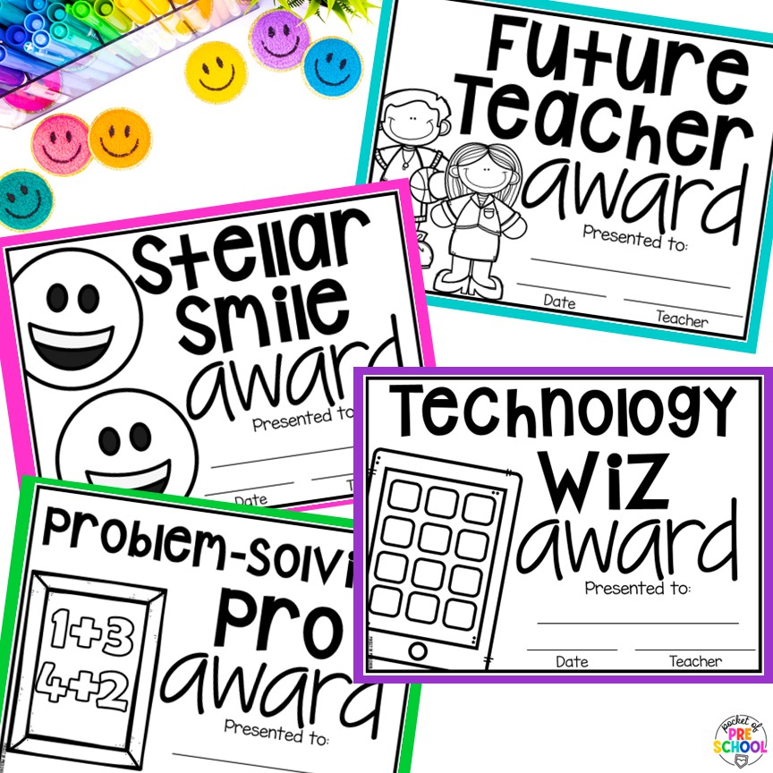 End of the Year Awards EDITABLE for Preschool, TK, Pre-K, Kindergarten, and 1st 15 End-of-the-year awards are the perfect way to celebrate the end of the year with your students, and these end-of-the-year awards are made for little learners: preschool, pre-k, TK, kindergarten, and first grade. All awards are fun and focus on something positive about the student.