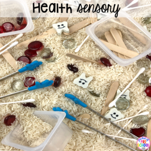Health sensory bin plus 40 sensory bin ideas for the whole year! #sensorybin #sensorytable #sensory #sesoryplay #preschool #prek #kindergarten