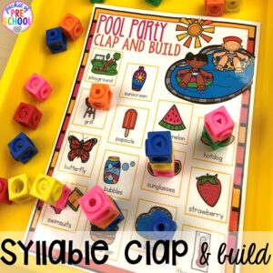 Summer syllable game plus tons of summer themed activities your preschool, pre-k, and kindergarten kiddos will LOVE! #preschool #pre-k #summertheme