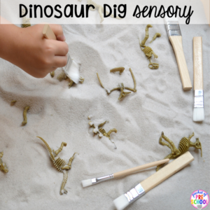 Dinosaur sensory bin plus 40 sensory bin ideas for the whole year! #sensorybin #sensorytable #sensory #sesoryplay #preschool #prek #kindergarten