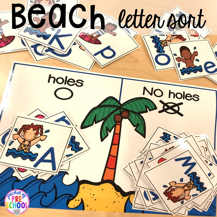 Beach letter sort plus tons of summer themed activities your preschool, pre-k, and kindergarten kiddos will LOVE! #preschool #pre-k #summertheme