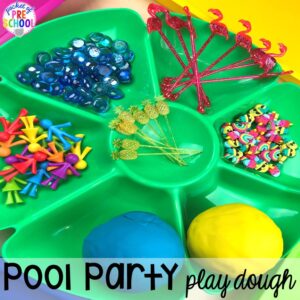 Pool party play dough tray for summer plus tons of summer themed activities your preschool, pre-k, and kindergarten kiddos will LOVE! #preschool #pre-k #summertheme