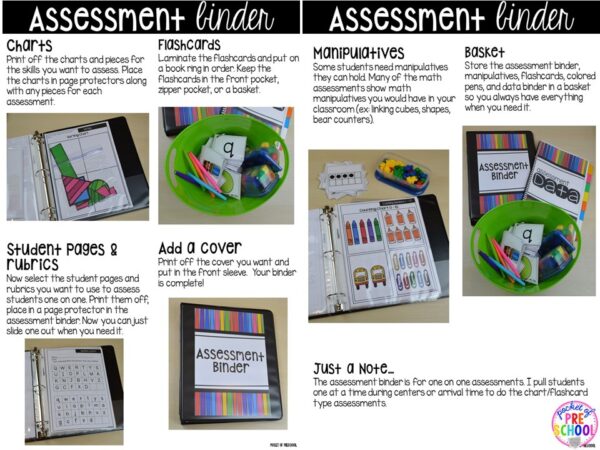 Assessments created for preschool, pre-k, and kindergarten students that are simple and well-designed for the teacher and parents.
