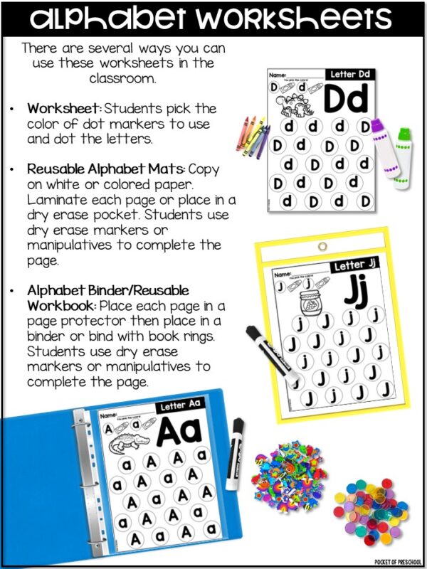 Alphabet Letter Dot It Worksheets to practice letter recognition with preschool, pre-k, or kindergarten students.