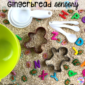 Gingerbread sensory bin plus 40 sensory bin ideas for the whole year! #sensorybin #sensorytable #sensory #sesoryplay #preschool #prek #kindergarten