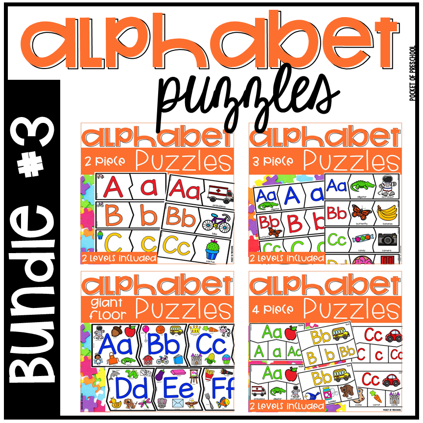 Practice letters with these printable puzzles for preschool, pre-k, and kindergarten students.