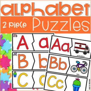 Practice letters with these printable 2 piece puzzles for preschool, pre-k, and kindergarten students.