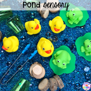 Pond sensory bin plus 40 sensory bin ideas for the whole year! #sensorybin #sensorytable #sensory #sesoryplay #preschool #prek #kindergarten