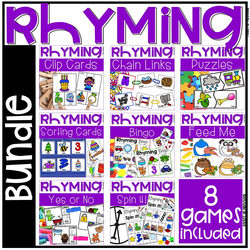 Grab this rhyming bundle for 8 hands-on games designed for preschool, pre-k, and kindergarten students.