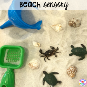 Beach sensory bin plus 40 sensory bin ideas for the whole year! #sensorybin #sensorytable #sensory #sesoryplay #preschool #prek #kindergarten