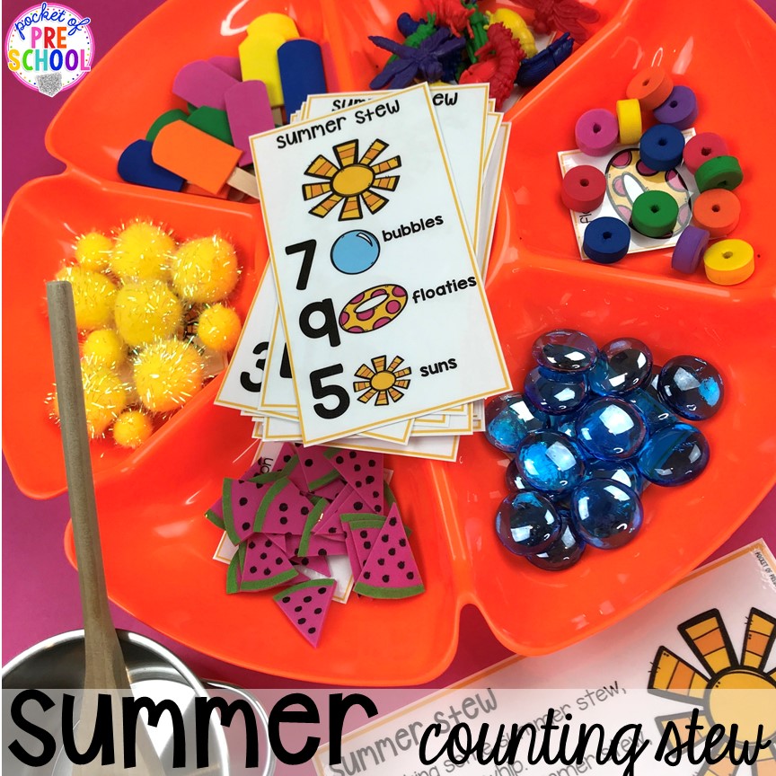 Summer counting stew plus tons of summer themed activities your preschool, pre-k, and kindergarten kiddos will LOVE! #preschool #pre-k #summertheme