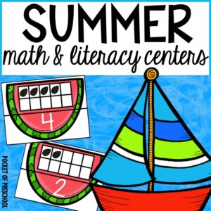 Math and literacy activities for preschool, pre-k, and kindergarten students with a summer-theme.