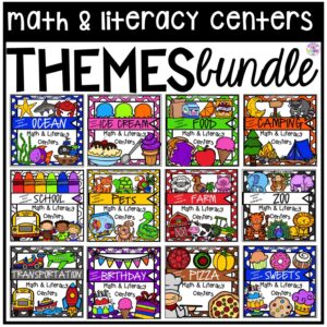 Math and literacy centers themes bundle for preschool, pre-k, and kindergarten students