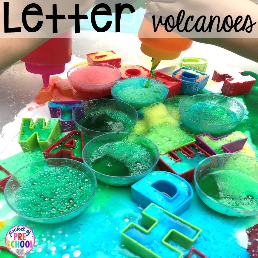 Letter volcanoes plus tons of summer themed activities your preschool, pre-k, and kindergarten kiddos will LOVE! #preschool #pre-k #summertheme
