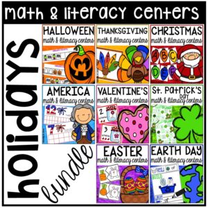 Holiday Math and Literacy Centers for preschool, pre-k, and kindergarten to practice math and literacy skills.