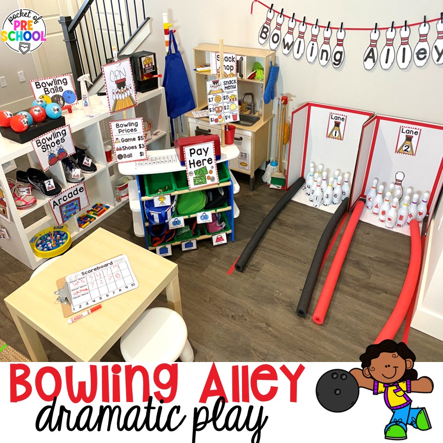 Create a bowling alley dramatic play area in your preschool, pre-k, or kindergarten classroom for hours of play and social skills development.