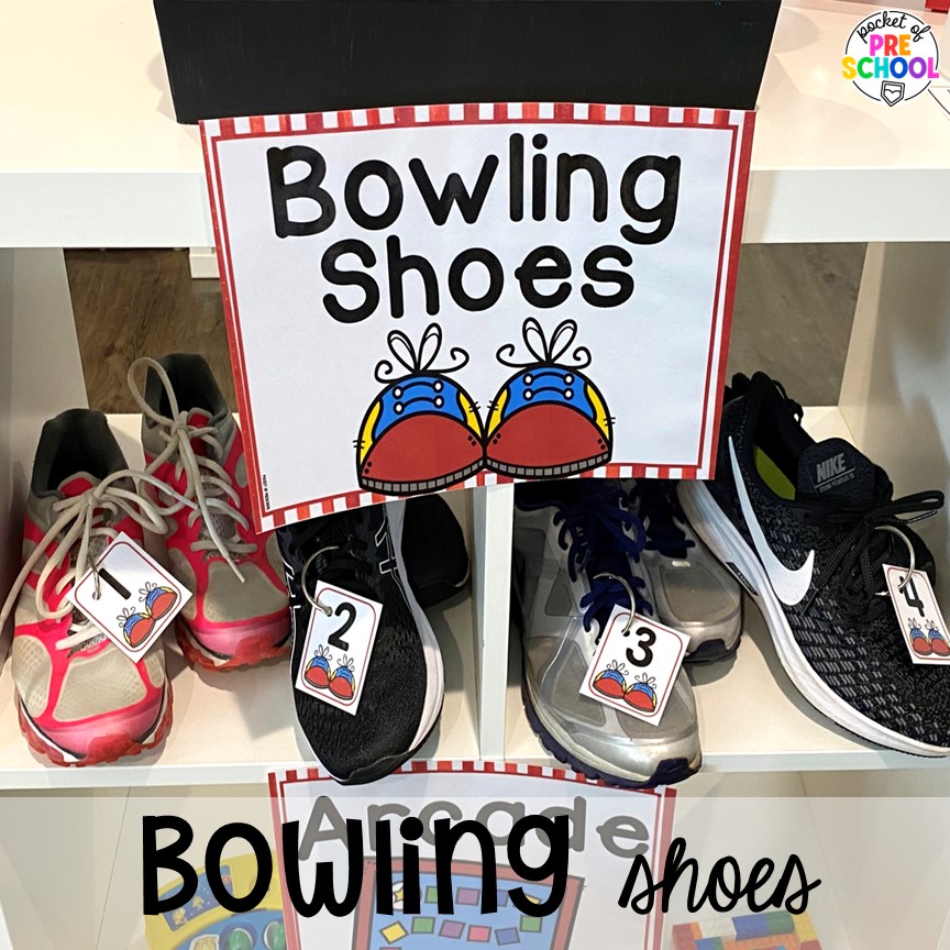 Bowling shoes give students an opportunity to put numbers in order and practice putting on shoes. Check out this fun and engaging bowling alley dramatic play center for preschool, pre-k, and kindergarten students to practice social skills, literacy, and math!
