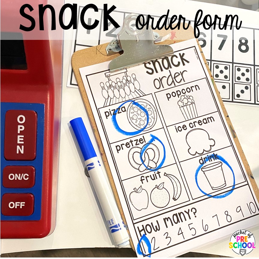 Snack order form for little learners to develop creativity and number sense. Create a bowling alley dramatic play area in your preschool, pre-k, or kindergarten classroom for hours of play and social skills development.
