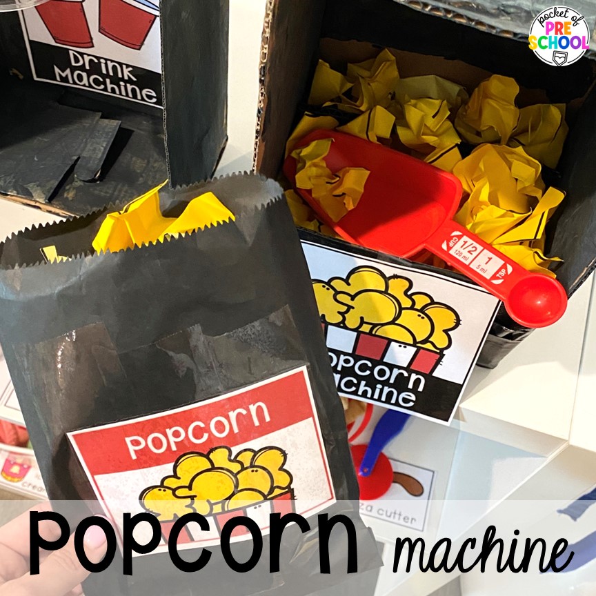 Popcorn machine for little learners to play with. Check out this fun and engaging bowling alley dramatic play center for preschool, pre-k, and kindergarten students to practice social skills, literacy, and math!