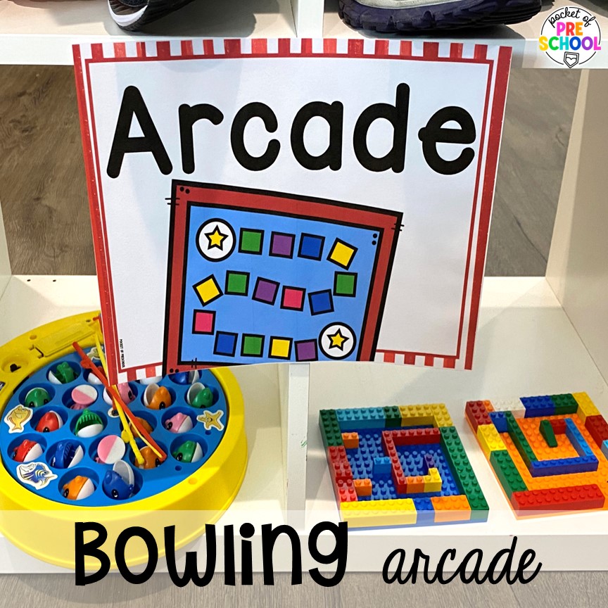 Arcade area for more fun in the bowling alley dramatic play area. Check out this fun and engaging bowling alley dramatic play center for preschool, pre-k, and kindergarten students to practice social skills, literacy, and math!